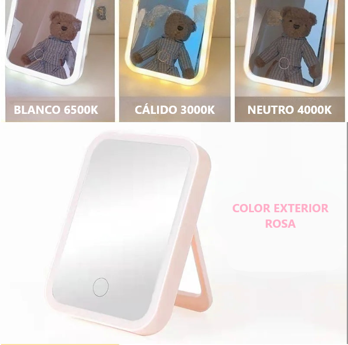 Espejo LED portátil recargable para maquillaje.