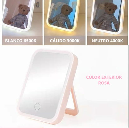 Espejo LED portátil recargable para maquillaje.